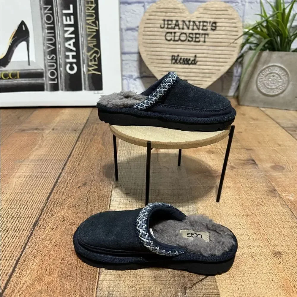Ugg Tasman II Youth Navy Blue Suede Mule Moccasin Shearling Footbed 10